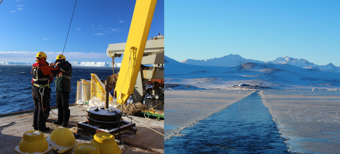 2018년 3월 첫 남극 출장에서의 해양 계류선 설치 작업 모습(왼쪽, 저 멀리 보이는 빙하는 드라이갈스키 빙설), 로스해 테라노바만에서 바라본 남극 장보고기지 모습(오른쪽)
